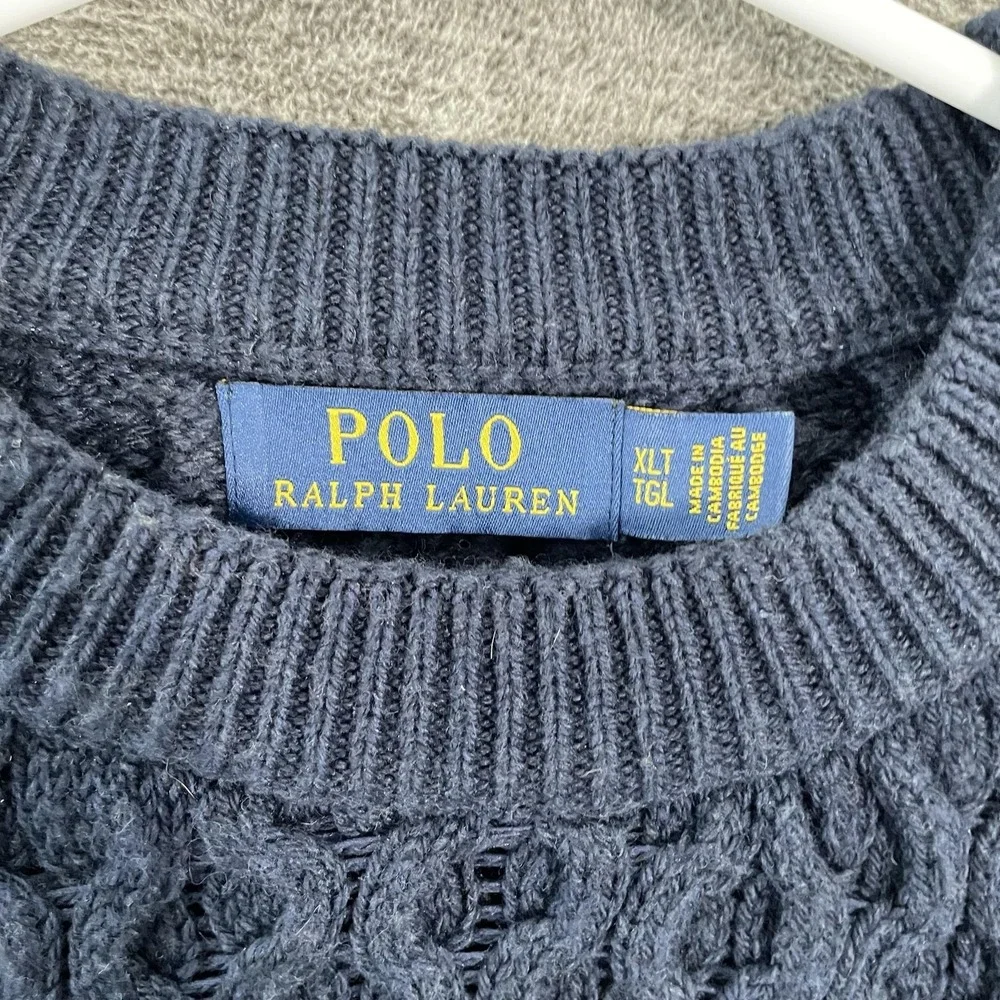 Polo Ralph Lauren Sweater Mens XLT Blue Cotton Cable Fisherman Knit Crewneck